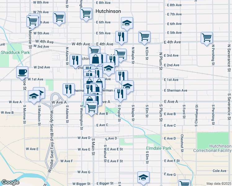 map of restaurants, bars, coffee shops, grocery stores, and more near 129 East Sherman Street in Hutchinson