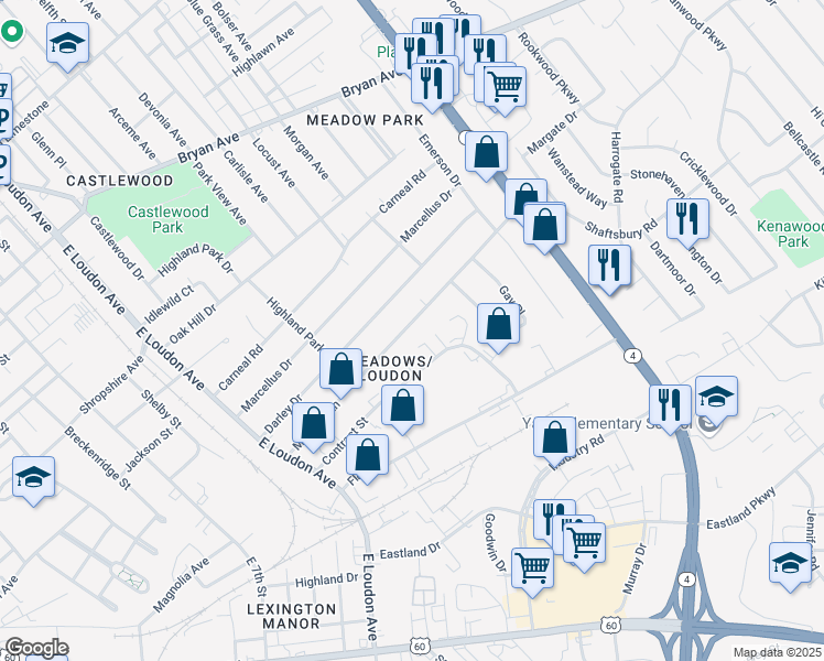 map of restaurants, bars, coffee shops, grocery stores, and more near 960 Meadow Lane in Lexington
