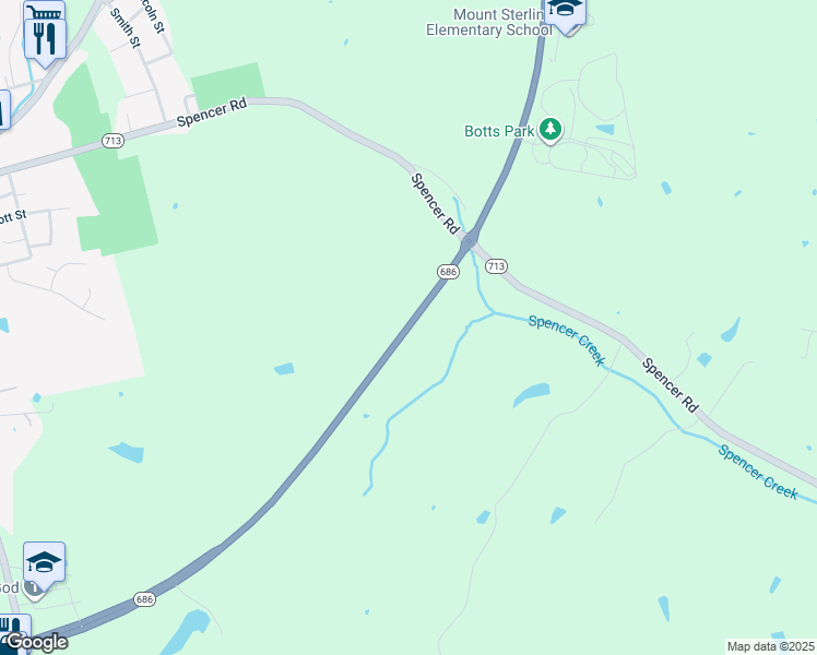 map of restaurants, bars, coffee shops, grocery stores, and more near 3570 Indian Mound Drive in Mount Sterling