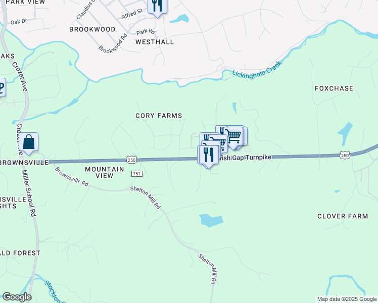 map of restaurants, bars, coffee shops, grocery stores, and more near 739-747 Cory Farm Road in Charlottesville