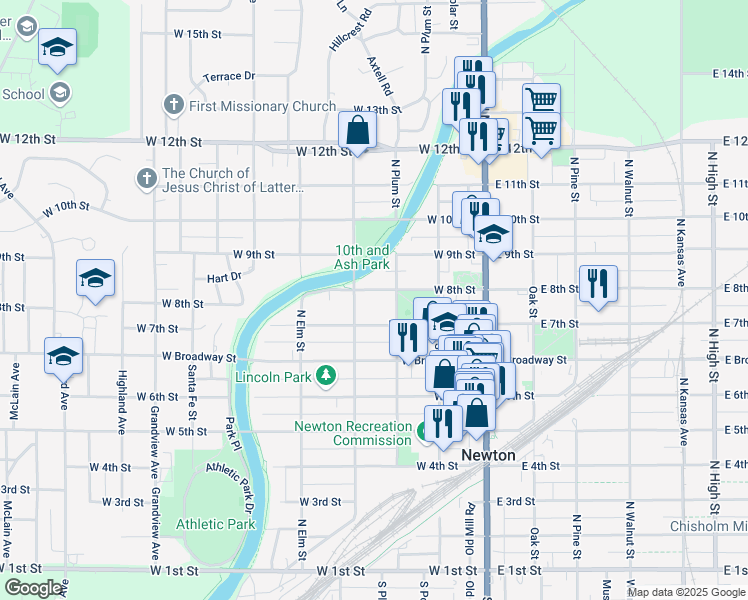 map of restaurants, bars, coffee shops, grocery stores, and more near 315 West 8th Street in Newton