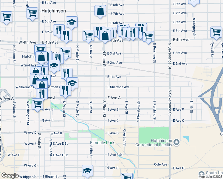 map of restaurants, bars, coffee shops, grocery stores, and more near 521 East Sherman Street in Hutchinson