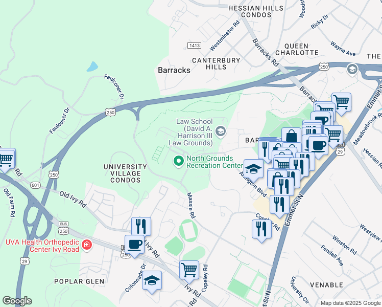 map of restaurants, bars, coffee shops, grocery stores, and more near 10 Duffy Boulevard in Charlottesville