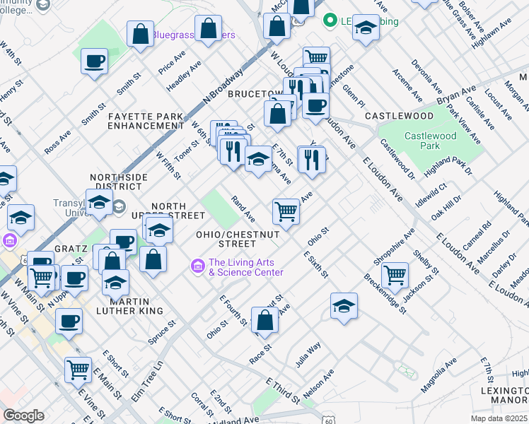 map of restaurants, bars, coffee shops, grocery stores, and more near 200 East Sixth Street in Lexington