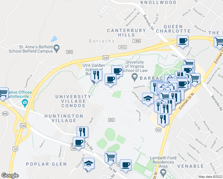 map of restaurants, bars, coffee shops, grocery stores, and more near 10 Duffy Boulevard in Charlottesville