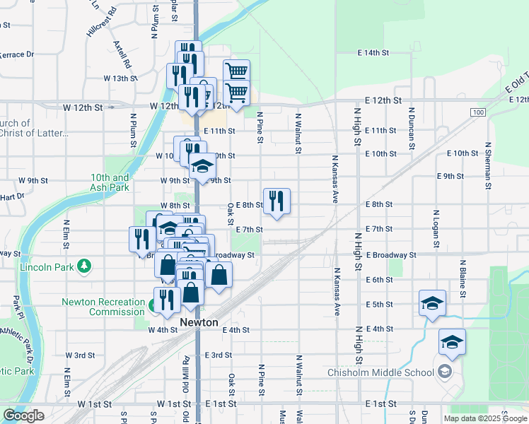 map of restaurants, bars, coffee shops, grocery stores, and more near 818 N Pine St in Newton