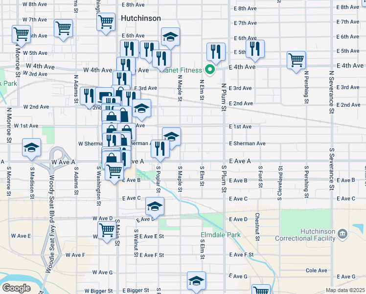 map of restaurants, bars, coffee shops, grocery stores, and more near 303 East Sherman Street in Hutchinson