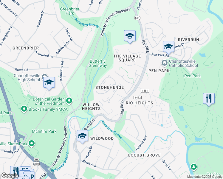 map of restaurants, bars, coffee shops, grocery stores, and more near 1038 Cheshire Court in Charlottesville