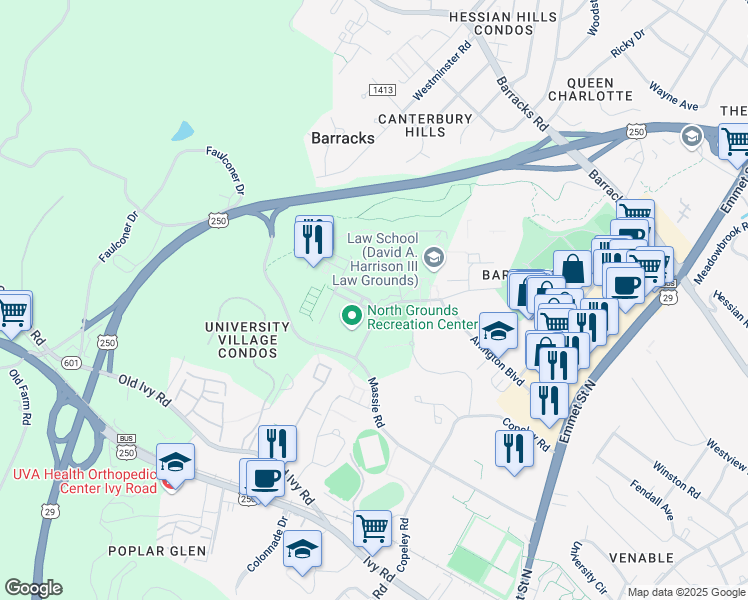 map of restaurants, bars, coffee shops, grocery stores, and more near 620 Nash Drive in Charlottesville