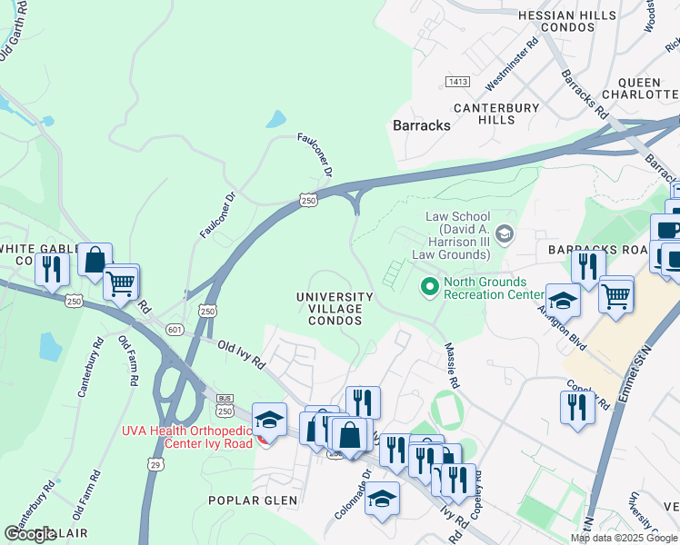 map of restaurants, bars, coffee shops, grocery stores, and more near 2355 Old Ivy Road in Charlottesville