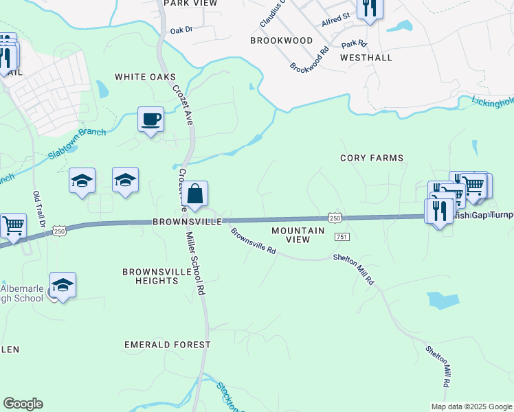 map of restaurants, bars, coffee shops, grocery stores, and more near 569 Shepherd Run in Charlottesville