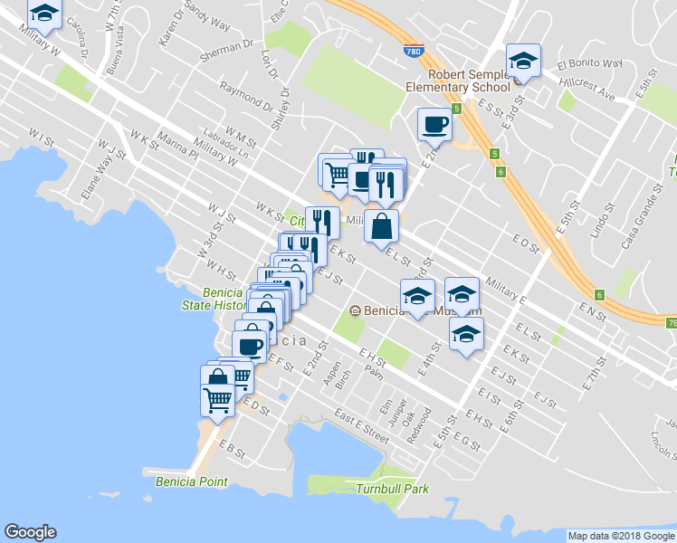 map of restaurants, bars, coffee shops, grocery stores, and more near 155 E J St in Benicia