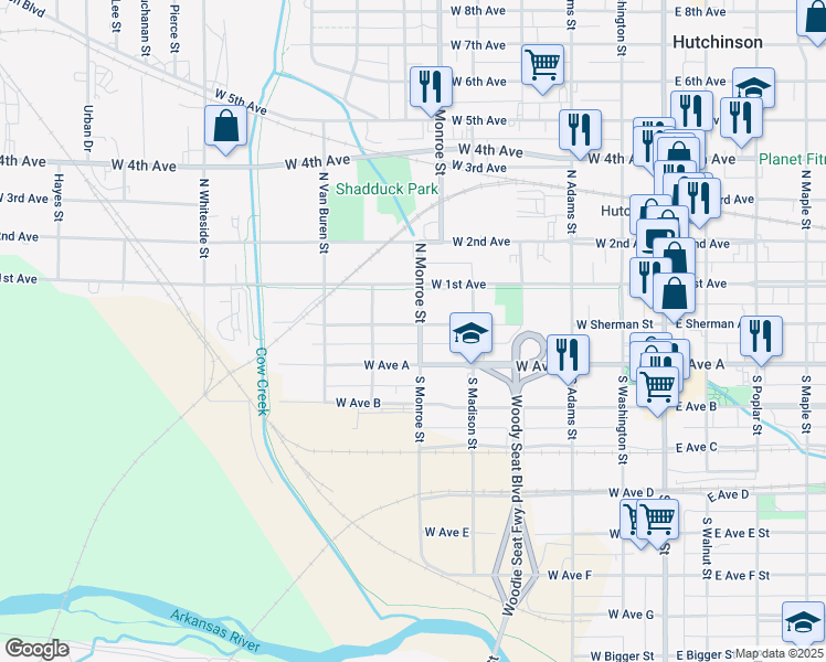 map of restaurants, bars, coffee shops, grocery stores, and more near 433 West Sherman Street in Hutchinson