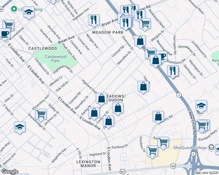 map of restaurants, bars, coffee shops, grocery stores, and more near 920 Darley Drive in Lexington
