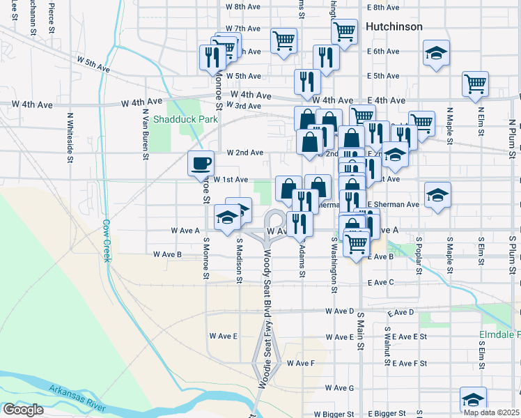 map of restaurants, bars, coffee shops, grocery stores, and more near 313 West Sherman Street in Hutchinson