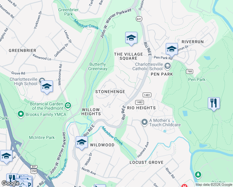 map of restaurants, bars, coffee shops, grocery stores, and more near 1056 Cheshire Court in Charlottesville