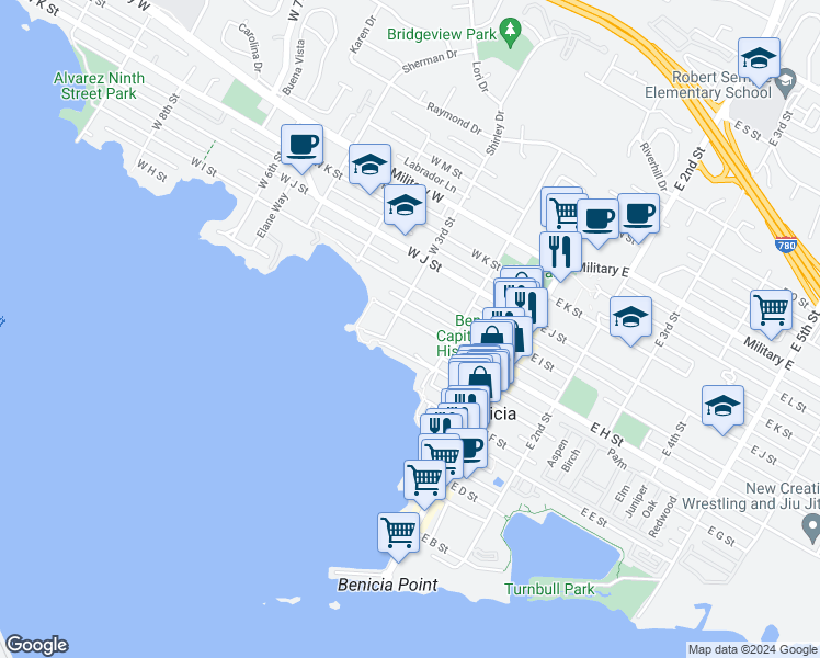 map of restaurants, bars, coffee shops, grocery stores, and more near 270 West H Street in Benicia