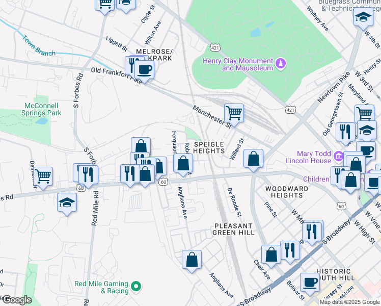 map of restaurants, bars, coffee shops, grocery stores, and more near 464 Speigle Street in Lexington