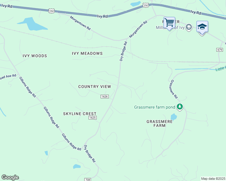 map of restaurants, bars, coffee shops, grocery stores, and more near 3600 Country Lane in Charlottesville