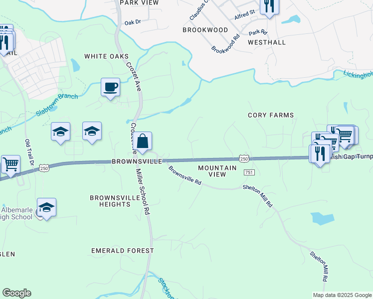 map of restaurants, bars, coffee shops, grocery stores, and more near 569 Shepherd Run in Charlottesville