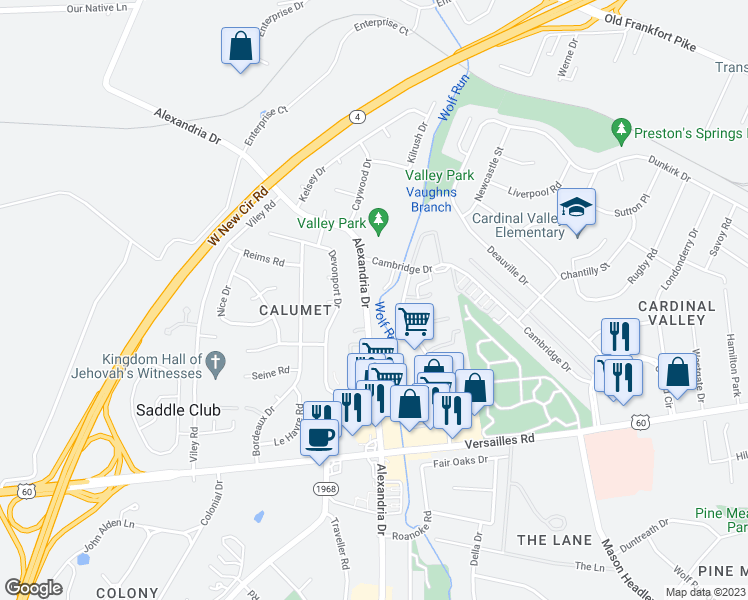 map of restaurants, bars, coffee shops, grocery stores, and more near 1266 Alexandria Dr in Lexington