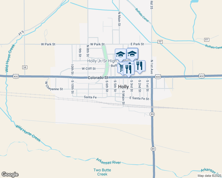 map of restaurants, bars, coffee shops, grocery stores, and more near 550 West Cheyenne Street in Holly