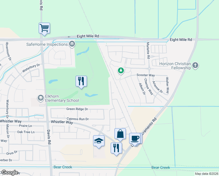 map of restaurants, bars, coffee shops, grocery stores, and more near 10756 Tank House Drive in Stockton