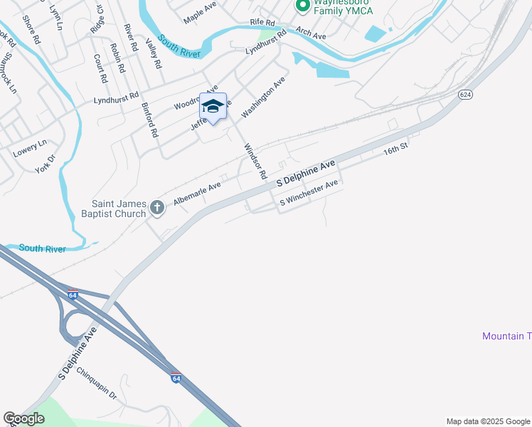map of restaurants, bars, coffee shops, grocery stores, and more near Mountain Road in Waynesboro