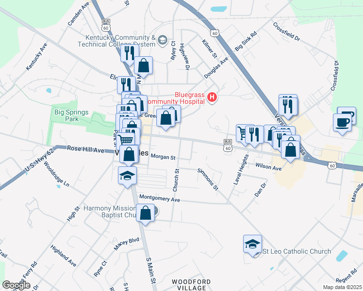 map of restaurants, bars, coffee shops, grocery stores, and more near 110 Bowmar Street in Versailles