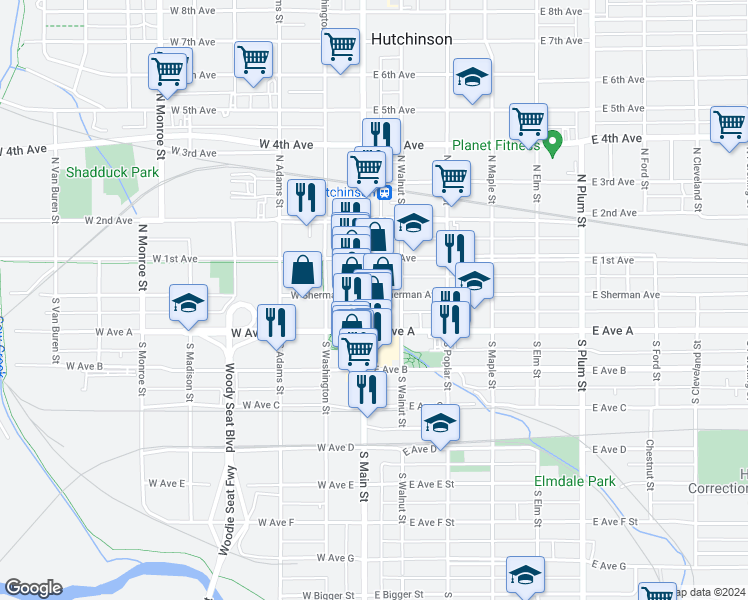 map of restaurants, bars, coffee shops, grocery stores, and more near 2 South Main Street in Hutchinson