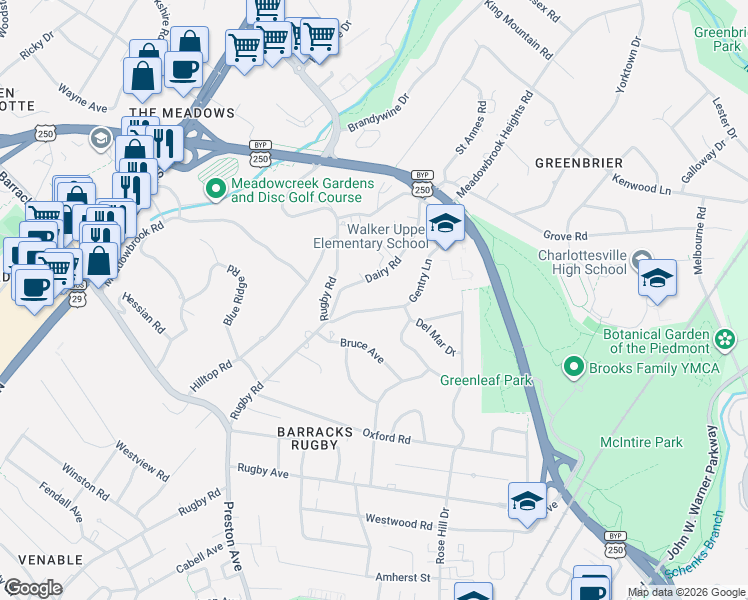 map of restaurants, bars, coffee shops, grocery stores, and more near 1425A Gentry Lane in Charlottesville
