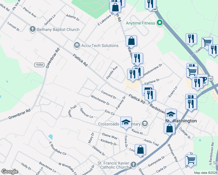 map of restaurants, bars, coffee shops, grocery stores, and more near 655 Flatlick Road in Mount Washington