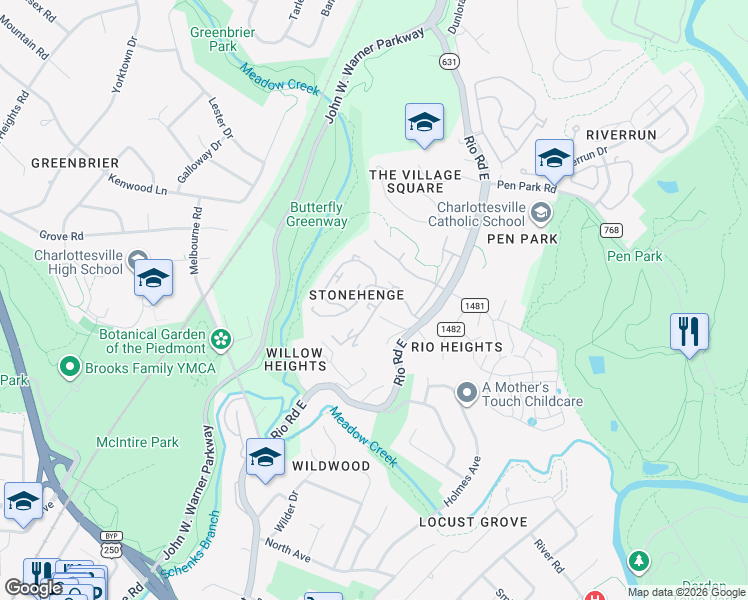 map of restaurants, bars, coffee shops, grocery stores, and more near 1056 Cheshire Court in Charlottesville