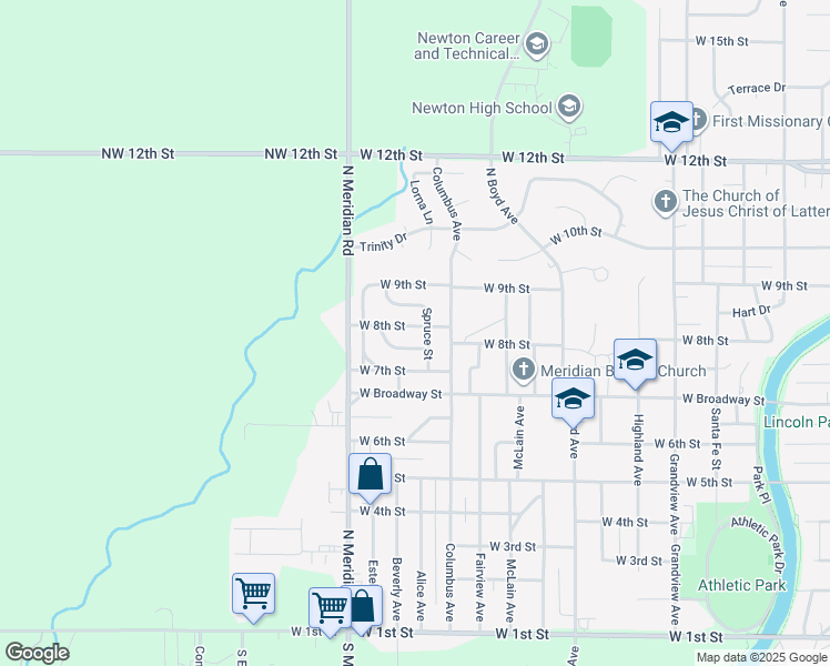 map of restaurants, bars, coffee shops, grocery stores, and more near 1405 West 8th Street in Newton