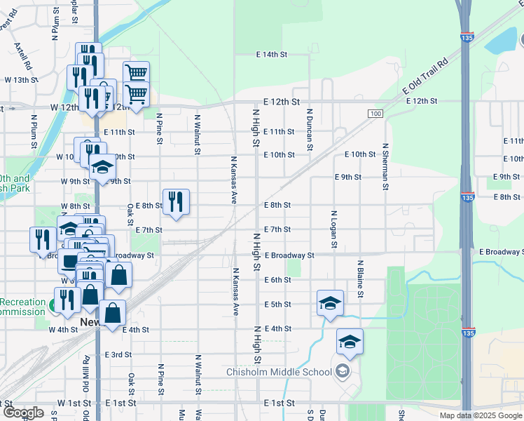 map of restaurants, bars, coffee shops, grocery stores, and more near 820 North High Street in Newton