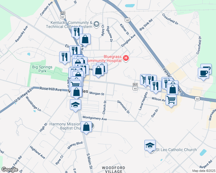 map of restaurants, bars, coffee shops, grocery stores, and more near 110 Bowmar Street in Versailles