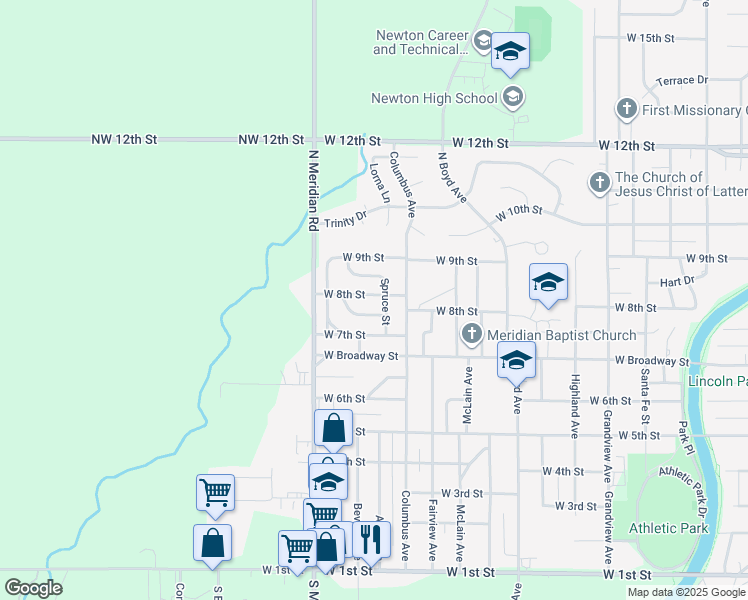 map of restaurants, bars, coffee shops, grocery stores, and more near 1405 West 8th Street in Newton