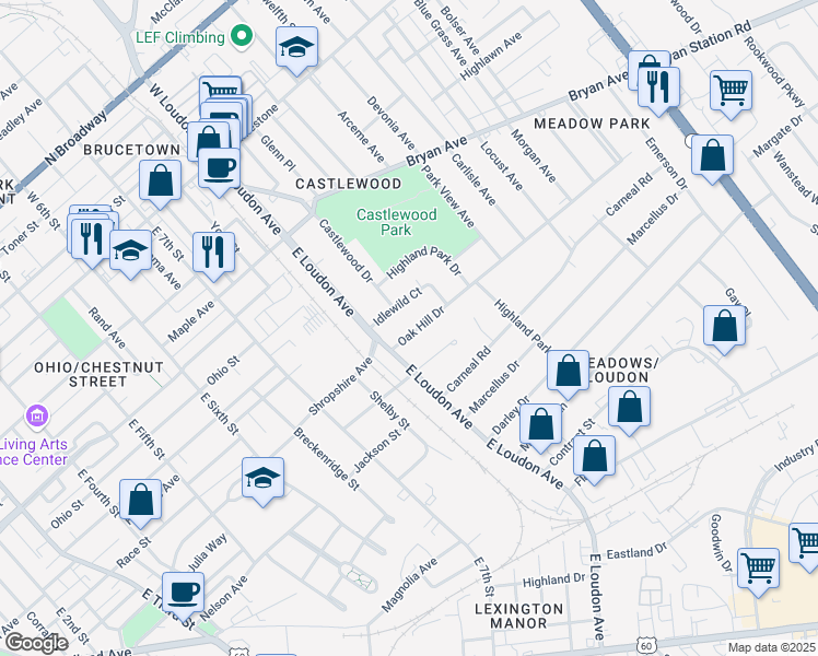 map of restaurants, bars, coffee shops, grocery stores, and more near 811 Oak Hill Drive in Lexington