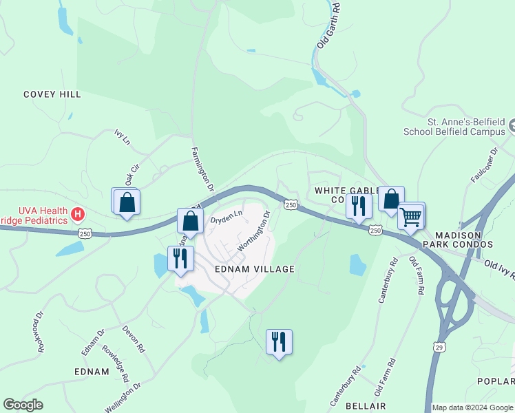 map of restaurants, bars, coffee shops, grocery stores, and more near 625 Worthington Drive in Charlottesville