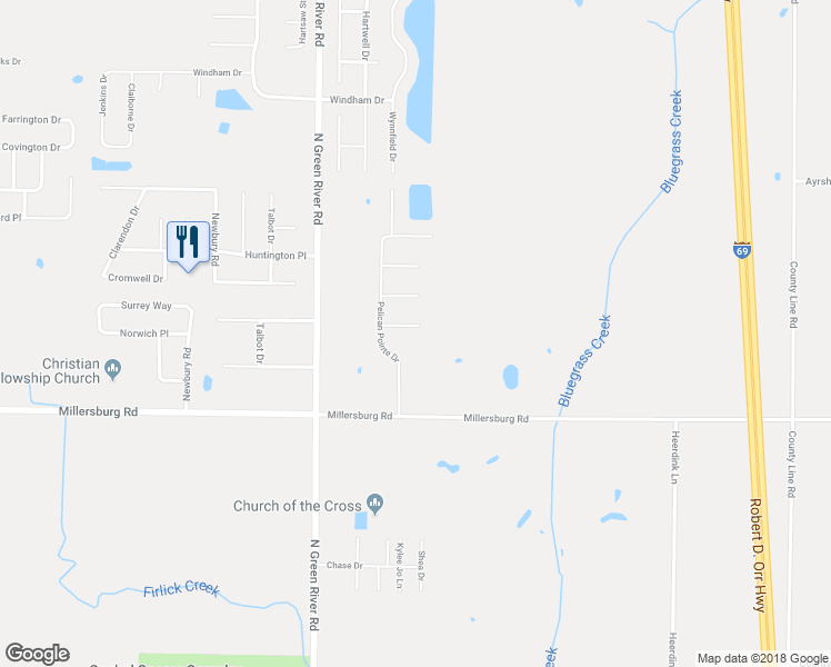 map of restaurants, bars, coffee shops, grocery stores, and more near 5115 Palmetto Circle in Evansville