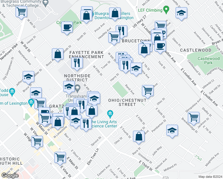 map of restaurants, bars, coffee shops, grocery stores, and more near 468 North Limestone Street in Lexington