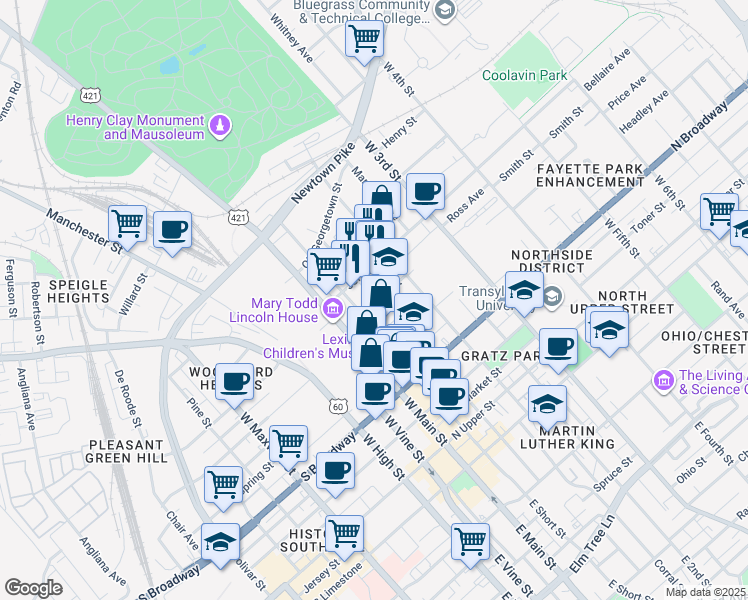 map of restaurants, bars, coffee shops, grocery stores, and more near 145 Bruce Street in Lexington