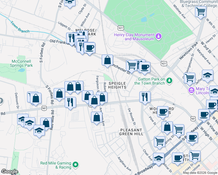 map of restaurants, bars, coffee shops, grocery stores, and more near 464 Speigle Street in Lexington