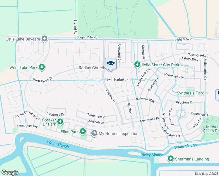 map of restaurants, bars, coffee shops, grocery stores, and more near 10537 Lake Point Avenue in Stockton