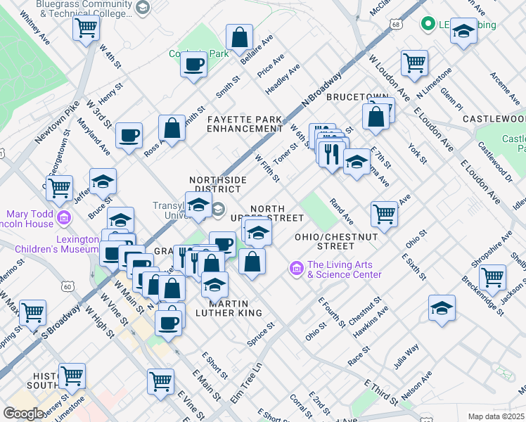 map of restaurants, bars, coffee shops, grocery stores, and more near 422 North Upper Street in Lexington