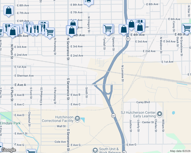map of restaurants, bars, coffee shops, grocery stores, and more near 1199 East Sherman Street in Hutchinson