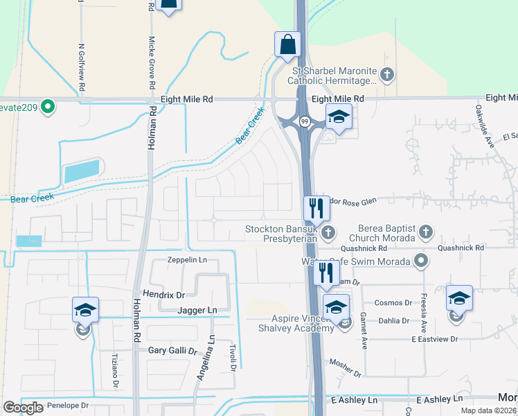 map of restaurants, bars, coffee shops, grocery stores, and more near 10479 Highway 99 in Stockton