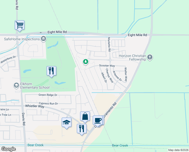 map of restaurants, bars, coffee shops, grocery stores, and more near 10541 Christopher Court in Stockton
