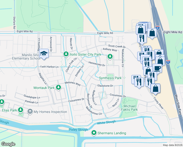 map of restaurants, bars, coffee shops, grocery stores, and more near 10547 Almanor Circle in Stockton