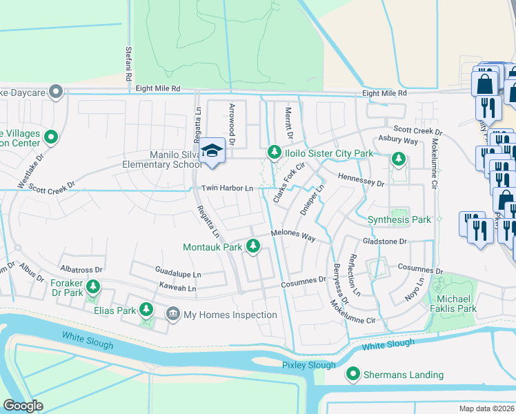 map of restaurants, bars, coffee shops, grocery stores, and more near 10518 Seahorn Drive in Stockton